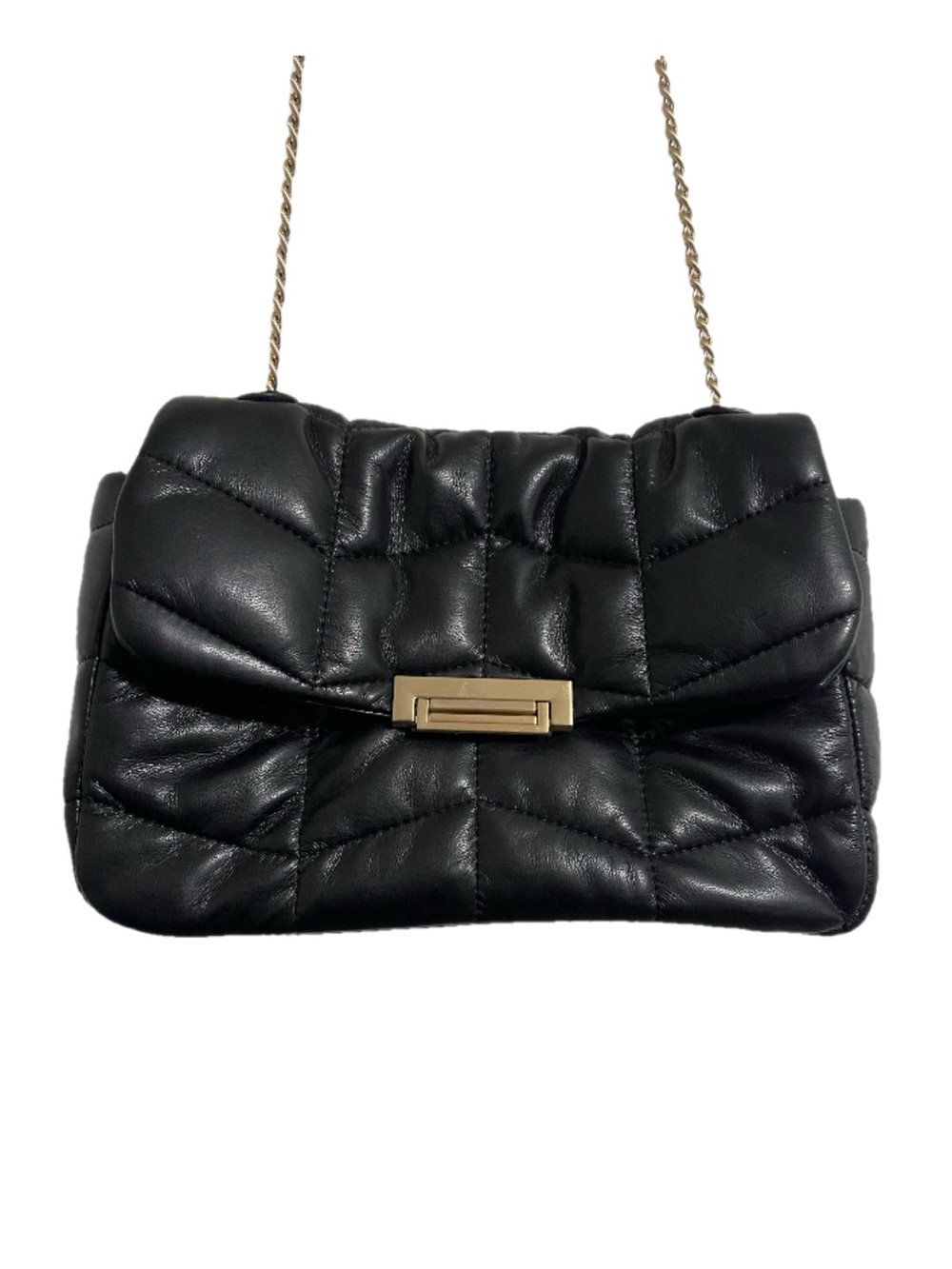 Quilted Black Faux Leather Crossbody Shoulder Bag with Gold Chain